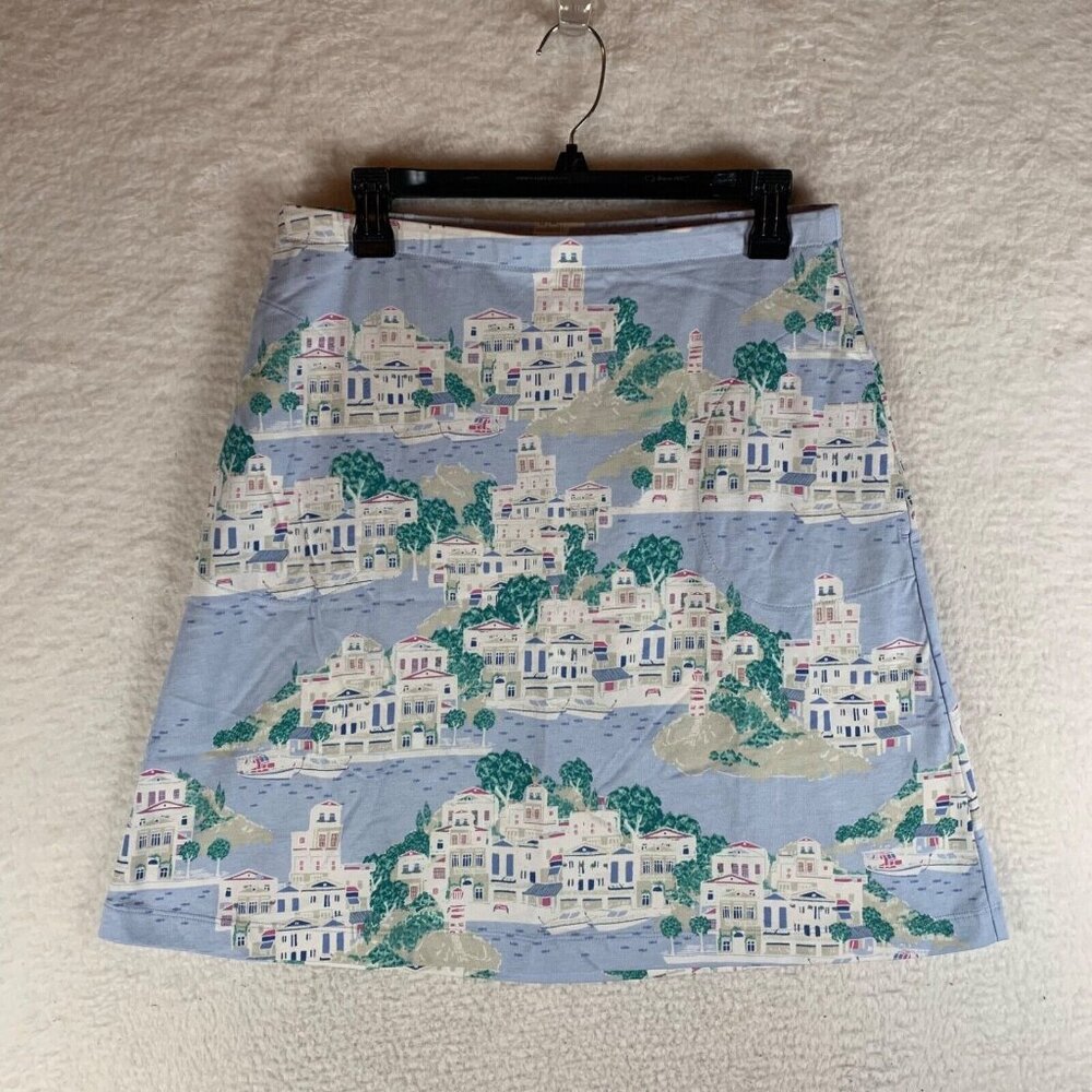 J Jill Women's Blue Coastal Mediterranean Print A-Line Pull On Knit Skirt Size S